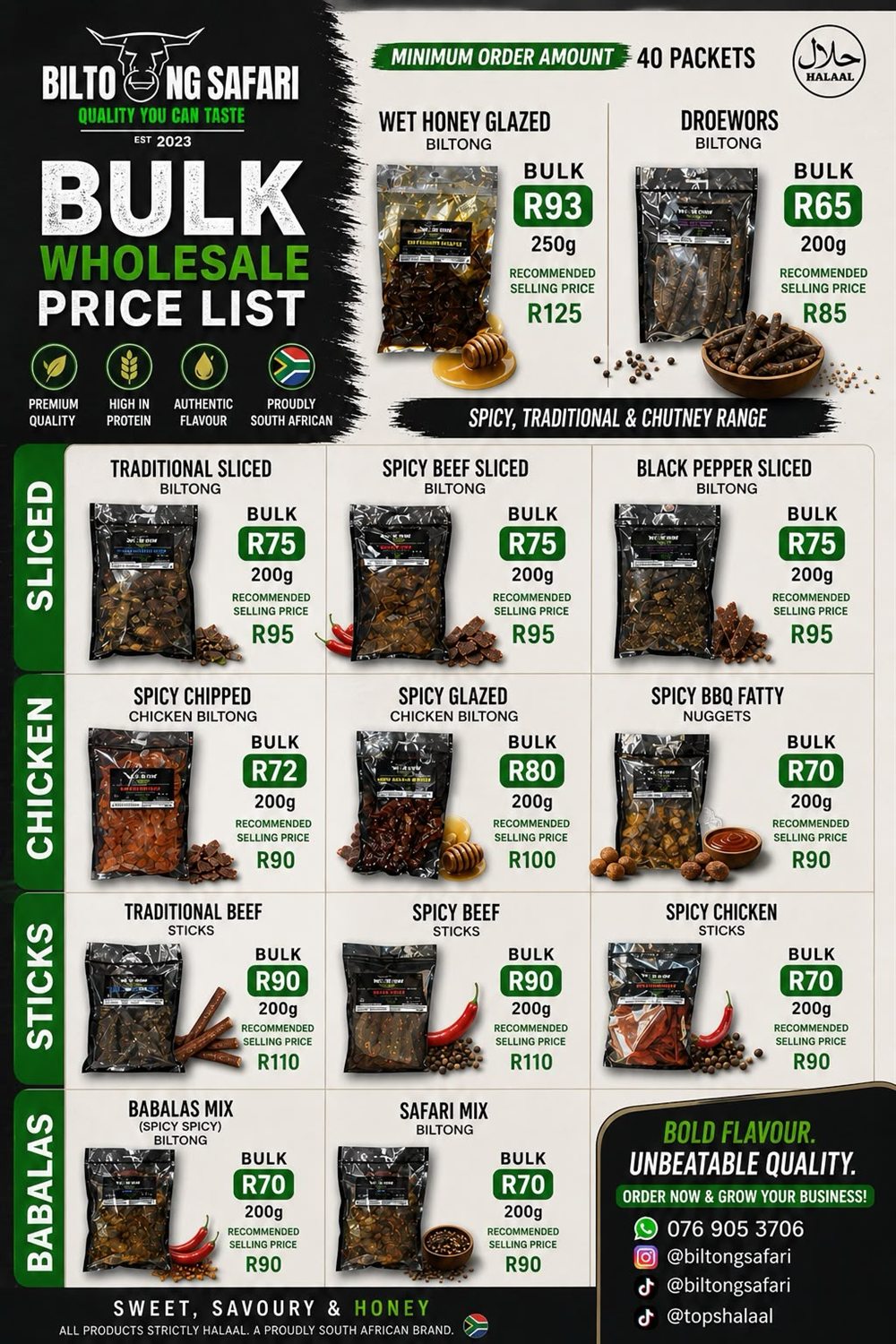 Biltong Safari bulk wholesale price list valid at Grassy Park