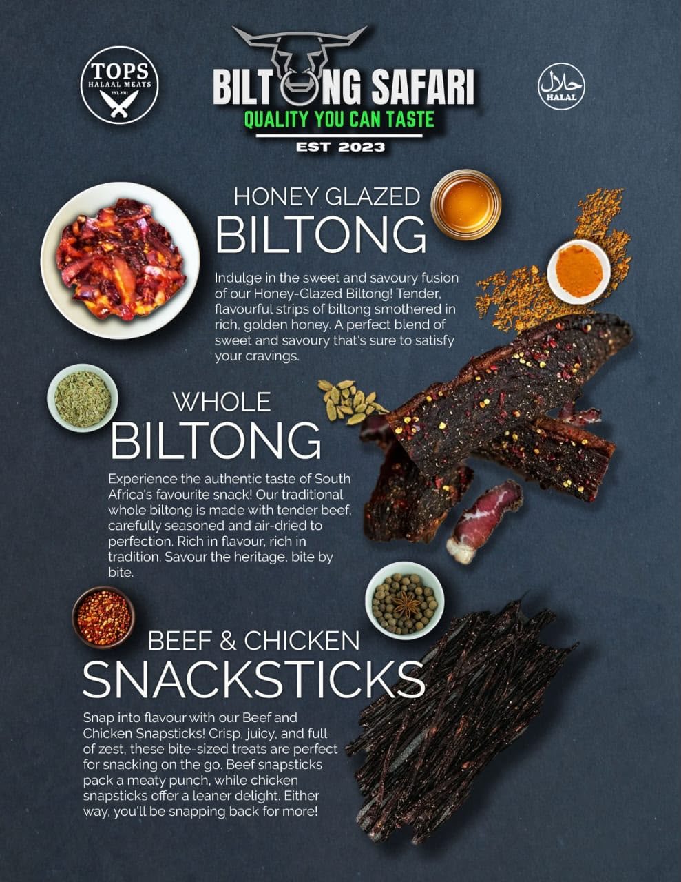 Biltong Safari menu graphic showing honey glazed biltong, whole biltong and beef snacksticks